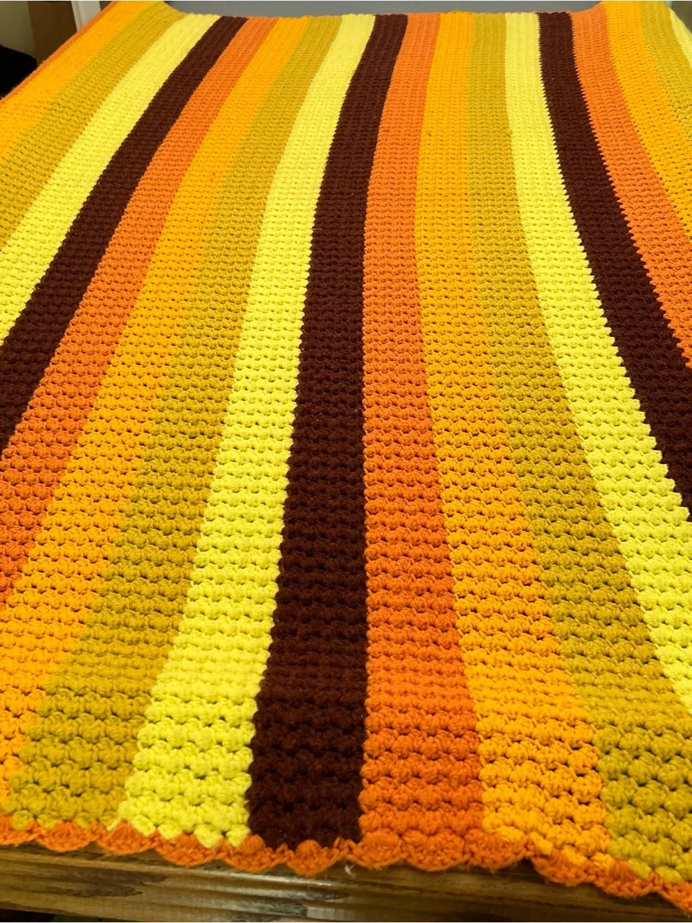 Vintage Circa 1970's Handmade Crochet Throw in Warm Sunset Stripes‎